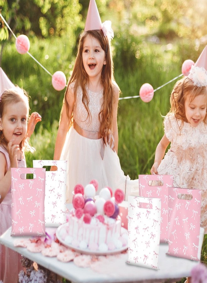 KEASKELL 50Pcs Pink White Bow Party Favor Bags Coquette Bow Plastic Goodie Treat Bags with Handles Girls Birthday Gifts Wrapping Bag for Wedding Baby Shower Engagement Party Supplies - Image 5